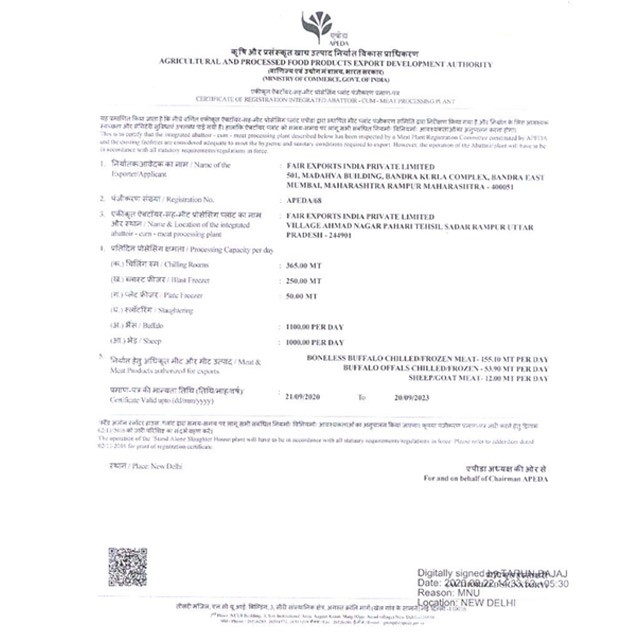 APEDA 68 FAIR registration certificate